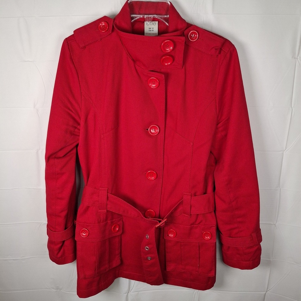 Evie Womens Size 8‎ (12 UK) Jacket Bright Red Trench Coat Big Buttons Belted